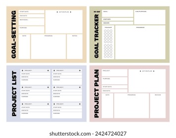 Printable Goal and Project Planner Vector Template Collection with Notepad, Memo Paper, Habit Tracker for Journaling, School Schedule, Business, Coaching, and Productivity Kit