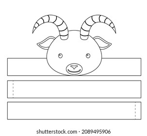 Printable goat paper crown. Diy cut party ribbon template for birthday, christmas, baby shower. Fun accessory for entertainment. Print, color, cut and glue. Vector stock illustration.