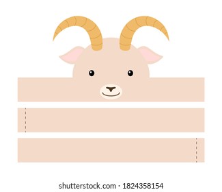 Printable goat paper hat. Party crown die cut template for birthday, christmas, baby shower. Fun accessory for entertainment. Paper crown mock up isolated on white background. Print, cut and glue.