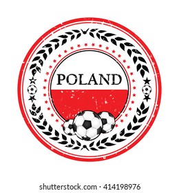 Printable grunge Poland soccer label, containing a soccer ball and the Polish flag. Print colors used