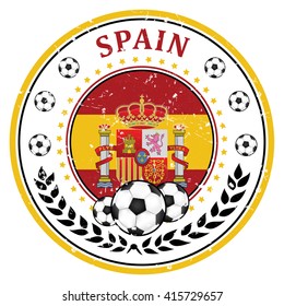 Printable grunge Spain soccer label, containing a soccer ball and the national spanish flag. Print colors used