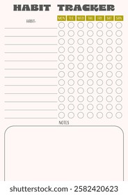 Printable Habit tracker. Customizable template for your successful routine. Vector.