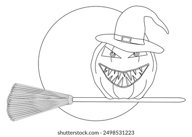 Printable Halloween coloring page featuring a spooky pumpkin witch riding a broomstick. Perfect for kids holiday fun and creativity.