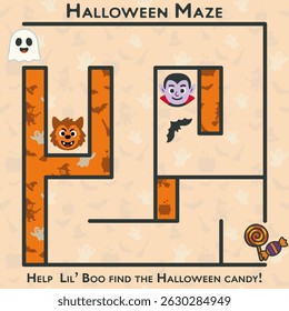 Printable Halloween easy maze game. Guide Lil' Boo the monster through the spooky path to reach candy. Featuring bats, spiders, and cute characters.