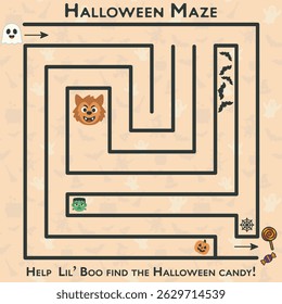 Printable Halloween maze game. Guide Lil' Boo the monster through the spooky path to reach candy. Featuring bats, spiders, and cute characters.