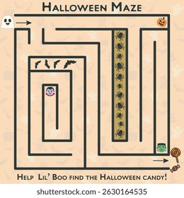 Juego de laberinto de Halloween imprimible. Guía Lil 'Boo el monstruo a través del camino espeluznante para llegar a los dulces. Con murciélagos, arañas y personajes lindos.