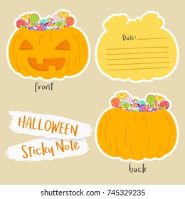 Printable Halloween pumpkin, jack o lantern sticky note cartoon vector.
front, back cover, and pages design