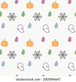 Printable halloween seamless pattern with ghosts, pumpkin, spider webs and colorful leaves
