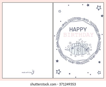 Printable hand drawn doodle happy birthday card. Sweet romantic and love style. Postcard or greeting card. Greeting wishes with cute cartoon  fish  in frame wreathe of branch, seaweed and leaves 