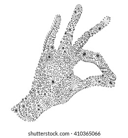 Printable hand drawn doodle with left palm and fingers in OK sign. Flowers, swirls and vines as details. Adult coloring book page for print. EPS 10