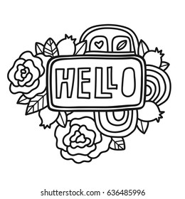 Printable "HELLO" sticker page. Fun summer doodle frame. Floral decoration. Print out and color it yourself. Coloring page.