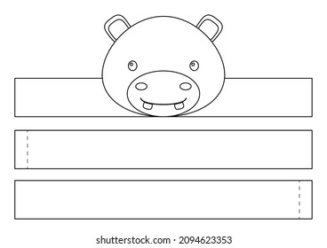 Printable hippo paper crown. Diy cut party ribbon template for birthday, christmas, baby shower. Fun accessory for entertainment. Print, color, cut and glue. Vector stock illustration.