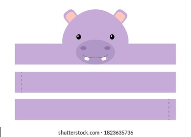 Printable Hippo Paper Hat. Party Crown Die Cut Template For Birthday, Christmas, Baby Shower. Fun Accessory For Entertainment. Paper Crown Mock Up Isolated On White Background. Print, Cut And Glue.