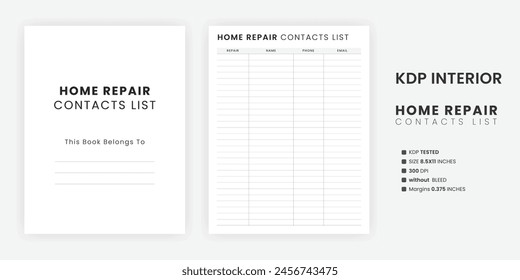 Printable Home Repair Contacts List Template, Repairman Contacts, Home Management Service 