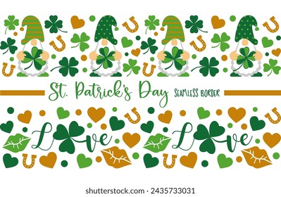 Printable horizontal seamless borders. A pattern with St Patricks day symbols. Gnomes are holding a shamrock
