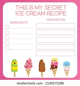 Printable Ice cream recipe for children. Printable template. Vector illustration.
