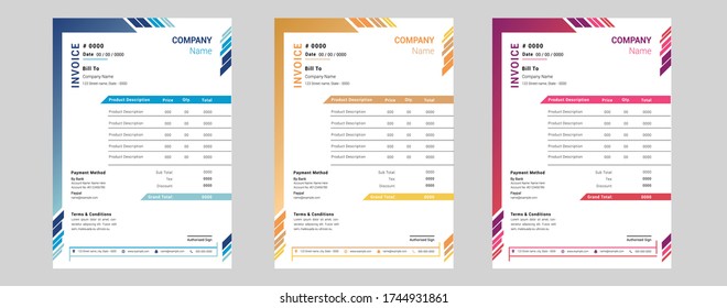 Printable invoice template Design With 3 Colors
