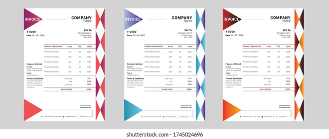 Printable invoice template Design With 3 Colors