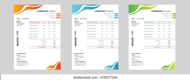 Printable invoice template Design With 3 Colors