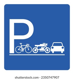Printable isolated rectangle square blue and white parking area, with illustration pictogram of car, motor bike, motorcycle, bicycle, vehicle park lot sign