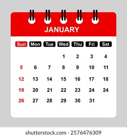 Printable January 2025 Calendar Red Design