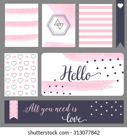 Printable journal cards. For notebook, notepad, web cite. Calligraphy style and polka dot, blue and pink