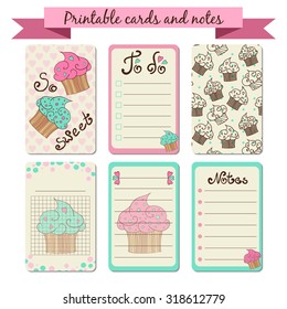 Printable journal cards, notes, to do list with cupcakes illustration. Cute colorful vector design. 