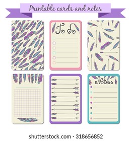 Printable journal cards, notes, to do list with feathers and arrows illustration. Trendy ethnic vector design. 