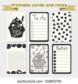 Printable journal cards, notes, to do list with sweet dessert illustration. Grunge vector design.