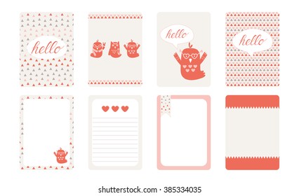 Printable Journals card, notes, labels, tags with decorative illustrations.Template for scrapbooking, wrapping, notebook, diary, placards.Cute owls  in pastel pink, beige and gray.