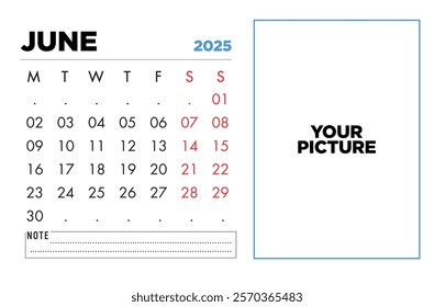 Printable June 2025 calendar featuring a large area to add your picture Perfect for personal or professional use.