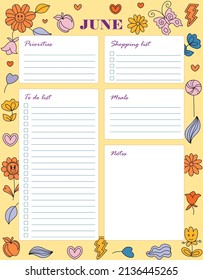 Printable June Monthly Summer planner, organizer. Hand-drawn notes, to do list. Time management planning sheets. Positive stationery organizers. Hippie vibrant, retro style background