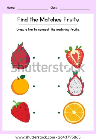 Printable kids activity worksheet to match whole fruits with their sliced pairs. Boosts visual memory and fruit recognition for preschoolers or kindergarten. Oranges, strawberries, and dragon fruits.
