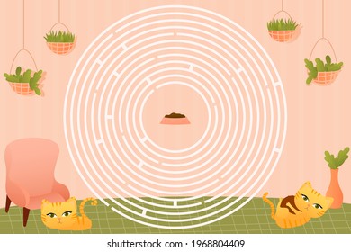 Printable kids circle maze with cute animal characters red cats playing, help to find way to food, quiz for book