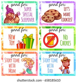 Printable kids coupons to use as a gift. Vector templates isolated on a white background.