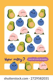 Printable kids math worksheet showing fruit illustrations for counting number recognition activities. Bright educational design for preschool learning, homeschool, classrooms, early education material