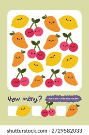 Printable kids math worksheet showing fruit illustrations for counting number recognition activities. Bright educational design for preschool learning, homeschool, classrooms, early education material