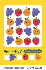 Printable kids math worksheet showing fruit illustrations for counting number recognition activities. Bright educational design for preschool learning, homeschool, classrooms, early education material