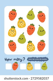 Printable kids math worksheet showing fruit illustrations for counting number recognition activities. Bright educational design for preschool learning, homeschool, classrooms, early education material