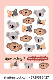Printable kids math worksheet shows animal illustrations for counting and how many number activities. Bright educational design for preschool learning, homeschool, classrooms, and early math practice