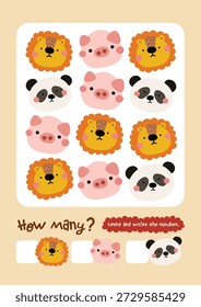 Printable kids math worksheet shows animal illustrations for counting and how many number activities. Bright educational design for preschool learning, homeschool, classrooms, and early math practice