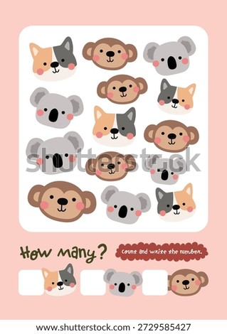 Printable kids math worksheet shows animal illustrations for counting and how many number activities. Bright educational design for preschool learning, homeschool, classrooms, and early math practice