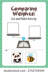 Printable kids worksheet for comparing weight using a cut and paste activity with illustrated objects for early math learning, classroom practice, homeschooling materials, preschool education.