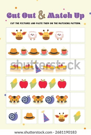 Printable kids worksheet with cut out and paste activity for children creativity learning featuring fun design background vector illustration isolated for education