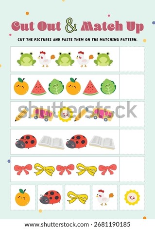 Printable kids worksheet with cut out and paste activity for children creativity learning featuring fun design background vector illustration isolated for education