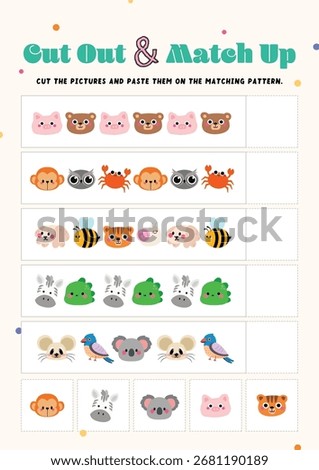 Printable kids worksheet with cut out and paste activity for children creativity learning featuring fun design background vector illustration isolated for education