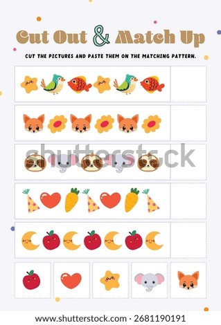 Printable kids worksheet with cut out and paste activity for children creativity learning featuring fun design background vector illustration isolated for education