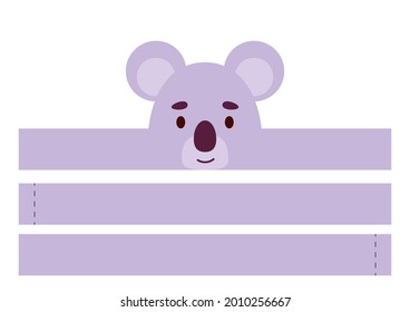 Printable koala paper crown. Diy cut party ribbon template for birthday, christmas, baby shower. Fun accessory for entertainment. Print, cut and glue. Vector stock illustration.