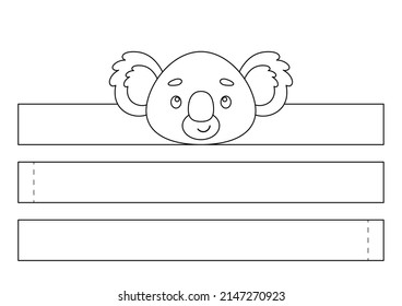 Printable koala paper crown. Fun accessory for entertainment. Diy cut party ribbon template for birthday, christmas, baby shower. Print, color, cut and glue. Vector stock illustration.