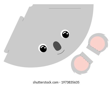 Printable koala paper hat. Party die cut template for birthday, christmas, baby shower. Fun accessory for entertainment. Print, cut and glue. Vector stock illustration.